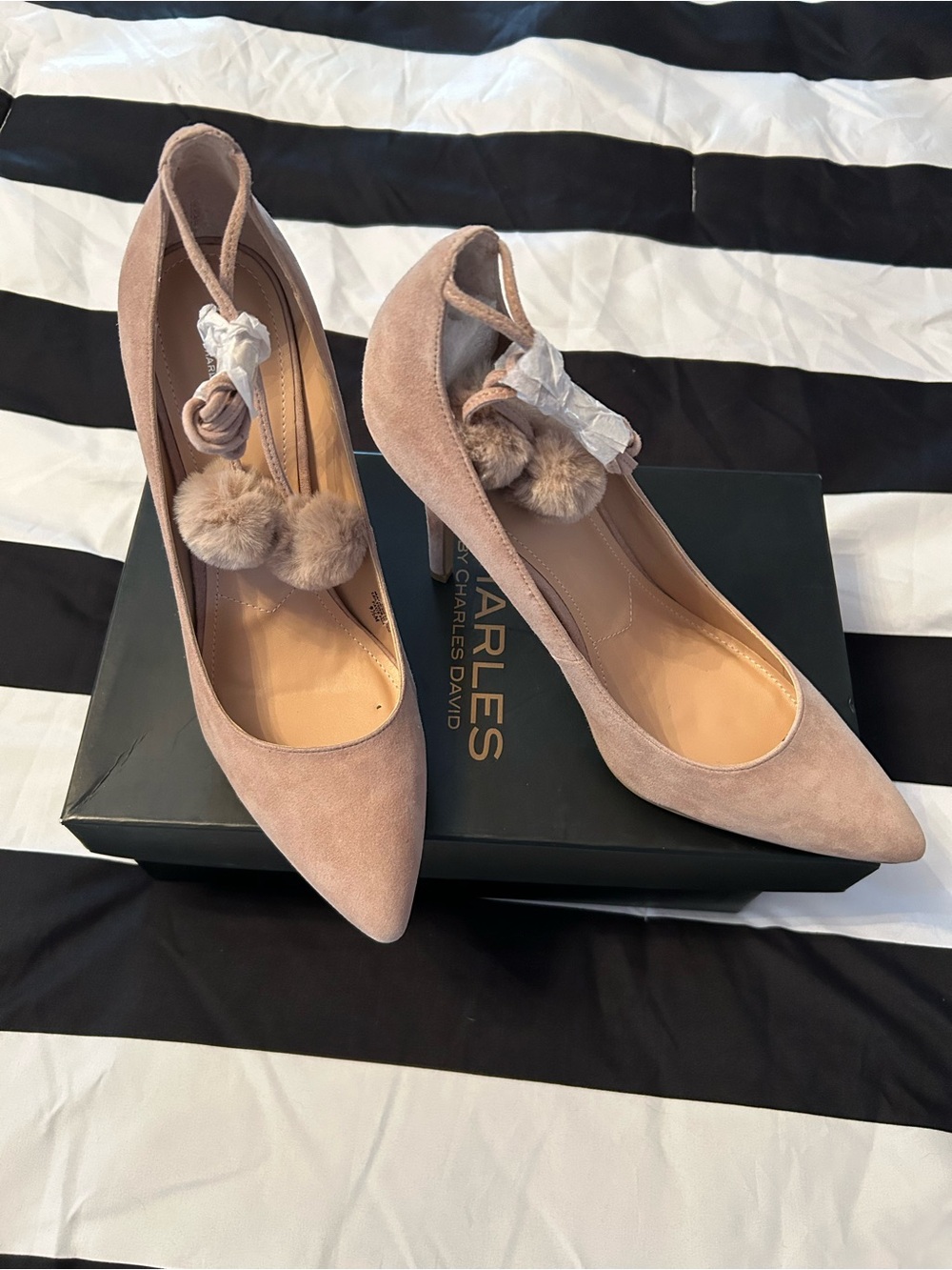 Charles By Charles David Taupe Suede Pointed-Toe Pumps with Pom Pom Ties
